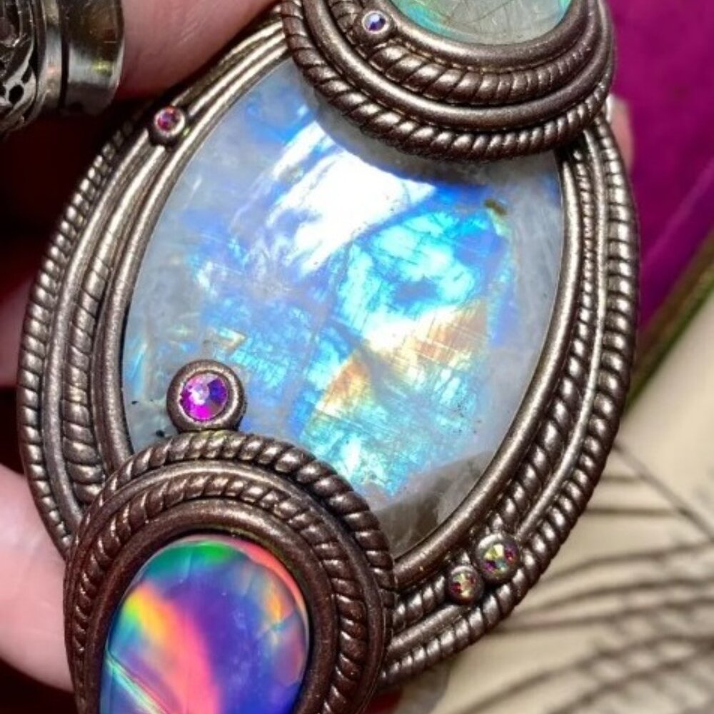 Artisan Moonstone Faceted Aurora Opal Rutilated Quartz Overlay Crystal Necklace!